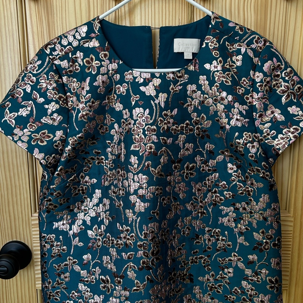 J. Crew Teal Floral Metallic Brocade Top